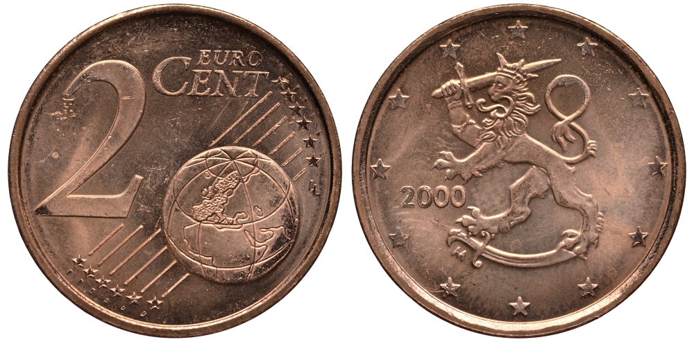 ФИНЛЯНДИЯ 2 ЕВРОЦЕНТА 2000 KM 99 сталь плакированная медью UNC 4181-455