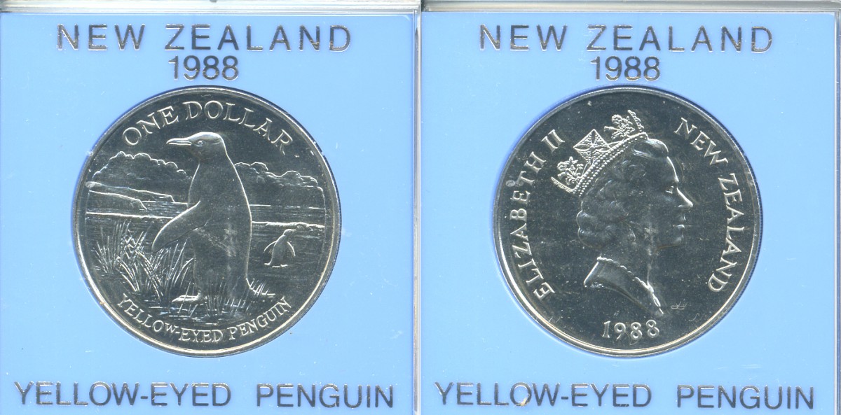 Новая Зеландия 1 доллар 1988 желтоглазый пингвин, Елизавета II (1952-2022), в оригинальной пластиковой упаковке KM 66 медно-никель UNC 00-00