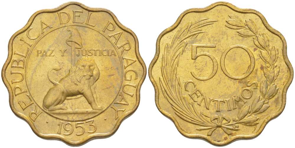 Парагвай 50 сентимо 1953 лев, фригийский колпак на шесте KM 28 алюминиевая бронза aUNC 4513-725