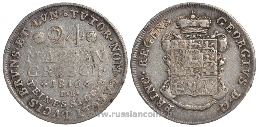 Брауншвейг-Люнебург-Вольфенбюттель 24 мариенгроша 1816 FR, Карл II KM 1065, AKS 27, J. 219 серебро 00-000-00