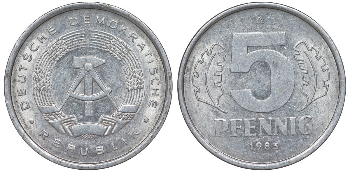 ГДР 5 ПФЕННИГОВ 1983 A КМ 9.2 алюминий 62-442