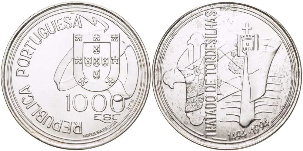Португалия 1000 эскудо 1994 Тордесильясский договор 1494 года KM 675 серебро UNC 1085-8-51