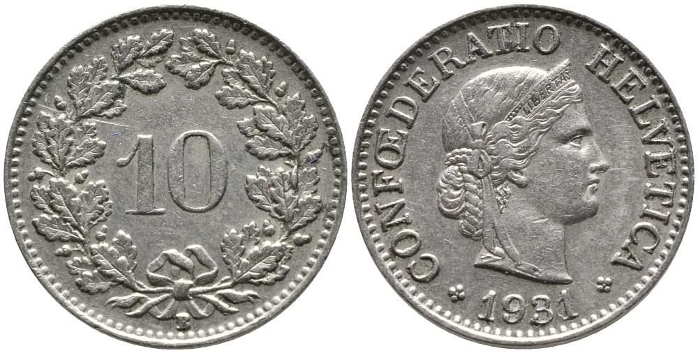 ШВЕЙЦАРИЯ 10 РАППЕНОВ 1931 В KM 27 медно-никель 4539-431