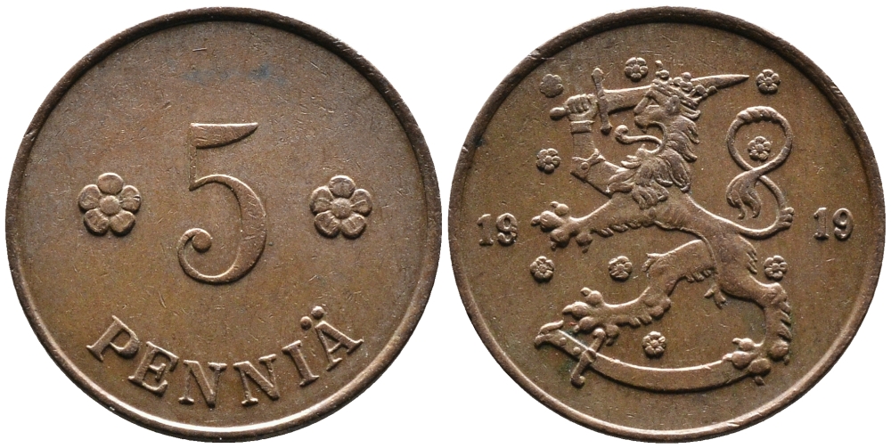 Финляндия 5 пенни 1919 KM 22 медь 4387-424