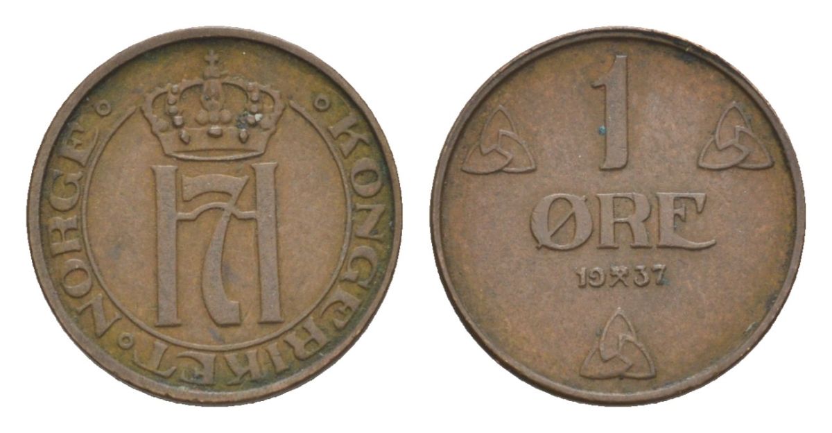 Норвегия 1 эре 1937 Хокон VII (1905-1957) KM 367 бронза 4632-1048