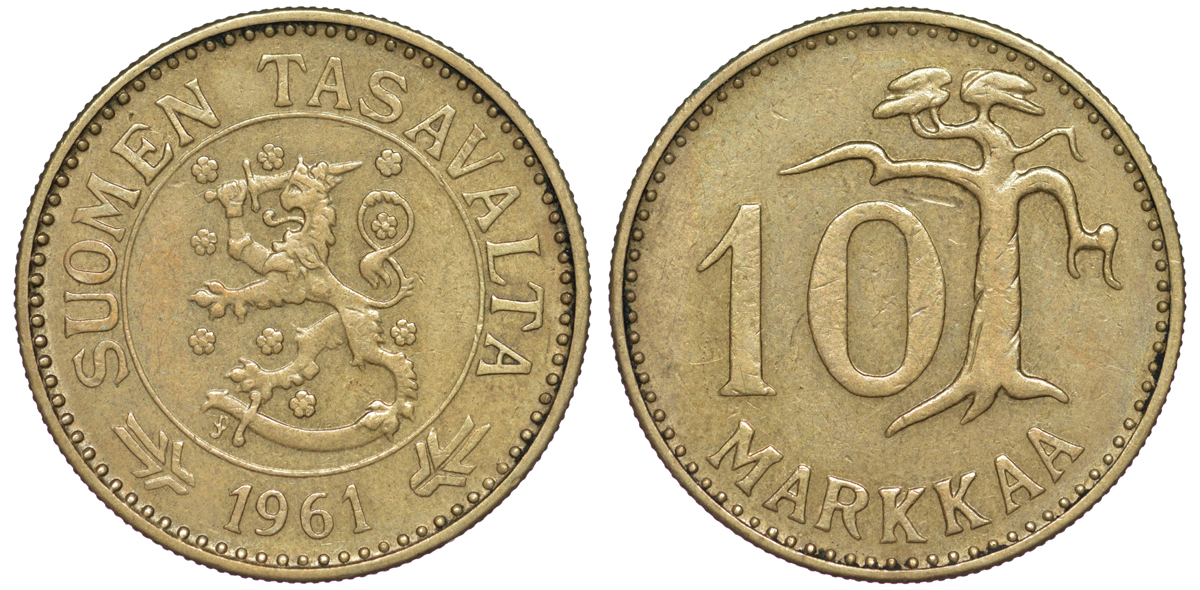 ФИНЛЯНДИЯ 10 МАРОК 1961 S, WIDE 1 KM 38 алюминиевая бронза 3334-1019