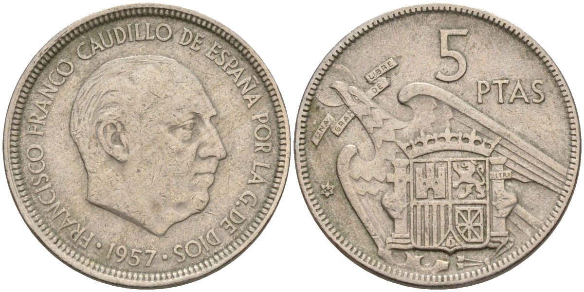 Испания 5 песет 1957 (62) Франсиско Франко (1939 - 1975) KM 786 медно-никель 4155-536