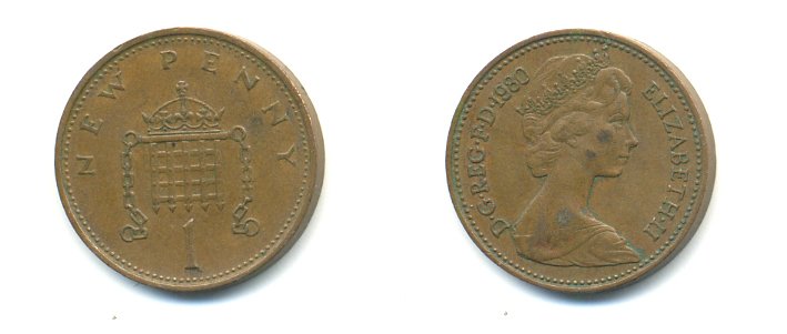 Великобритания 1 пенни 1980 Елизавета II (1952-2022) KM 915, Spink 4237 (B1) бронза 59-1614