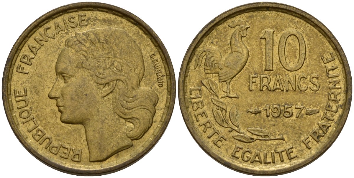 Франция 10 франков 1957 B, петух KM 915.2, Le Franc 363.5 алюминиевая бронза 4159-925