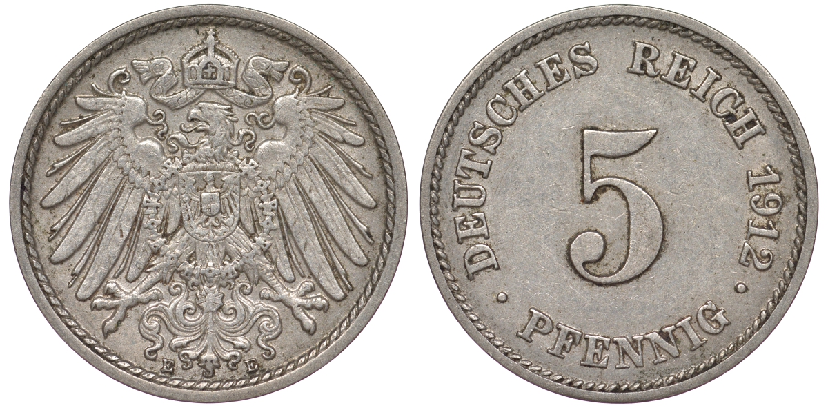 Германия 5 пфеннигов 1912 A, KM 11, J. 12 медно-никель 25-2313