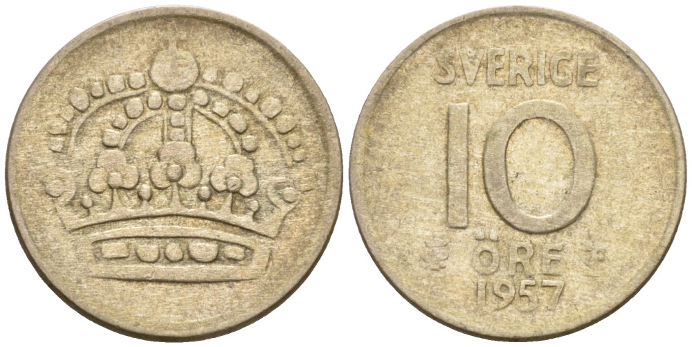 Швеция 10 эре 1957 TS, Густав VI Адольф (1950-1973) KM 823 серебро 192-148