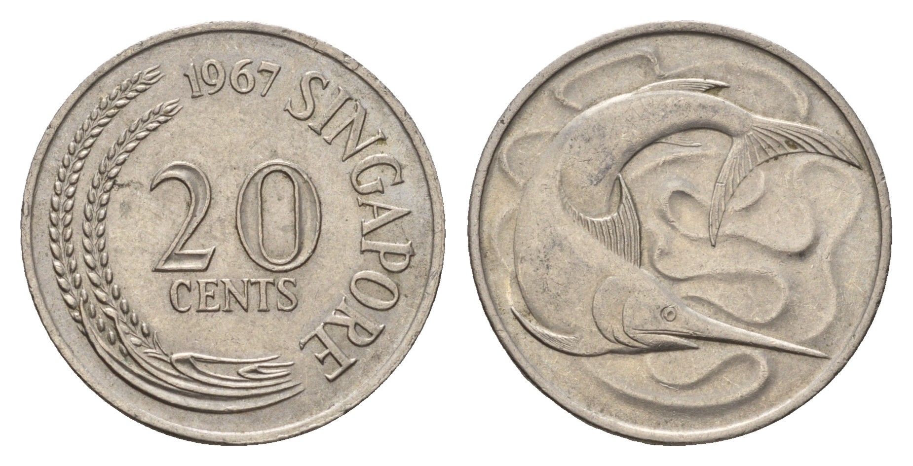 Сингапур 20 центов 1967 голубой марлин, тунец KM 4 медно-никель aUNC 4513-947
