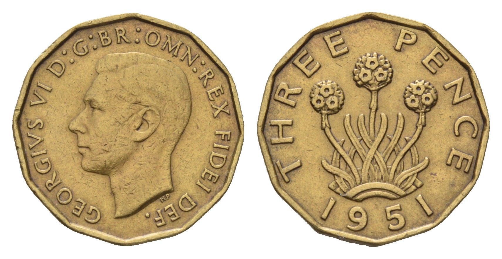 Великобритания 3 пенса 1951 Георг VI (1936-1952), редкий год KM 873, Spink 4113 никель латунь 61-1156