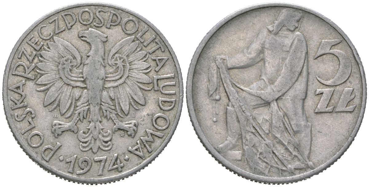 Польша 5 злотых 1974 MW Y 47 алюминий 4574-443
