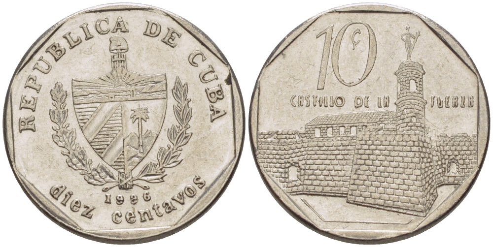 Куба 10 сентаво 1996 форт в Гаване Ла-Фуэрса KM 576.2 сталь плакированная никелем 66-665