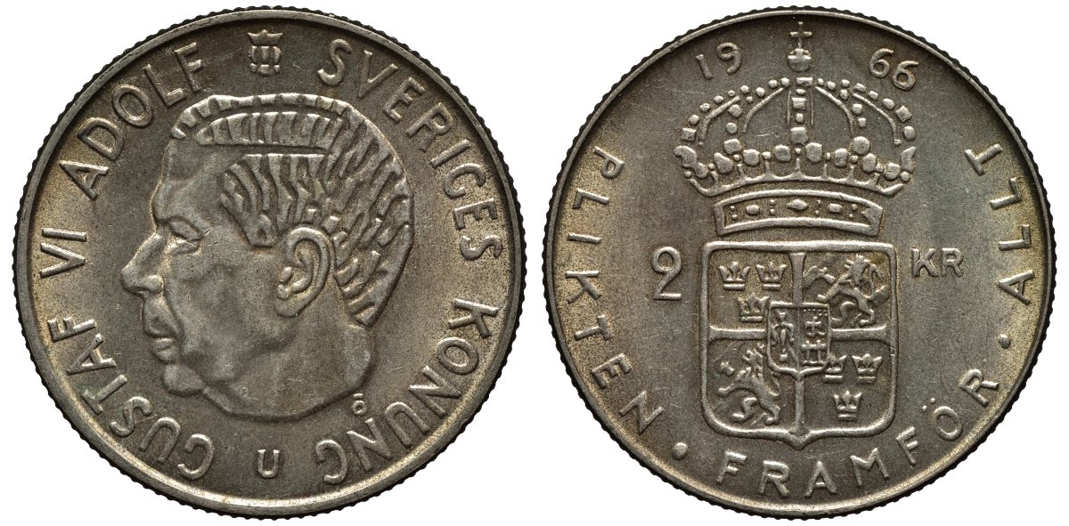 Швеция 2 кроны 1966 U, Густав VI Адольф (1950-1973) KM 827 серебро UNC 00-00