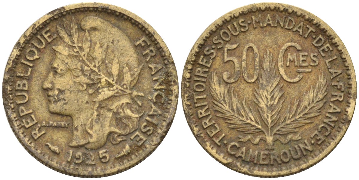 Французский Камерун 50 сантимов 1925 (а), монетный двор Париж KM 1 алюминиевая бронза 4164-1227