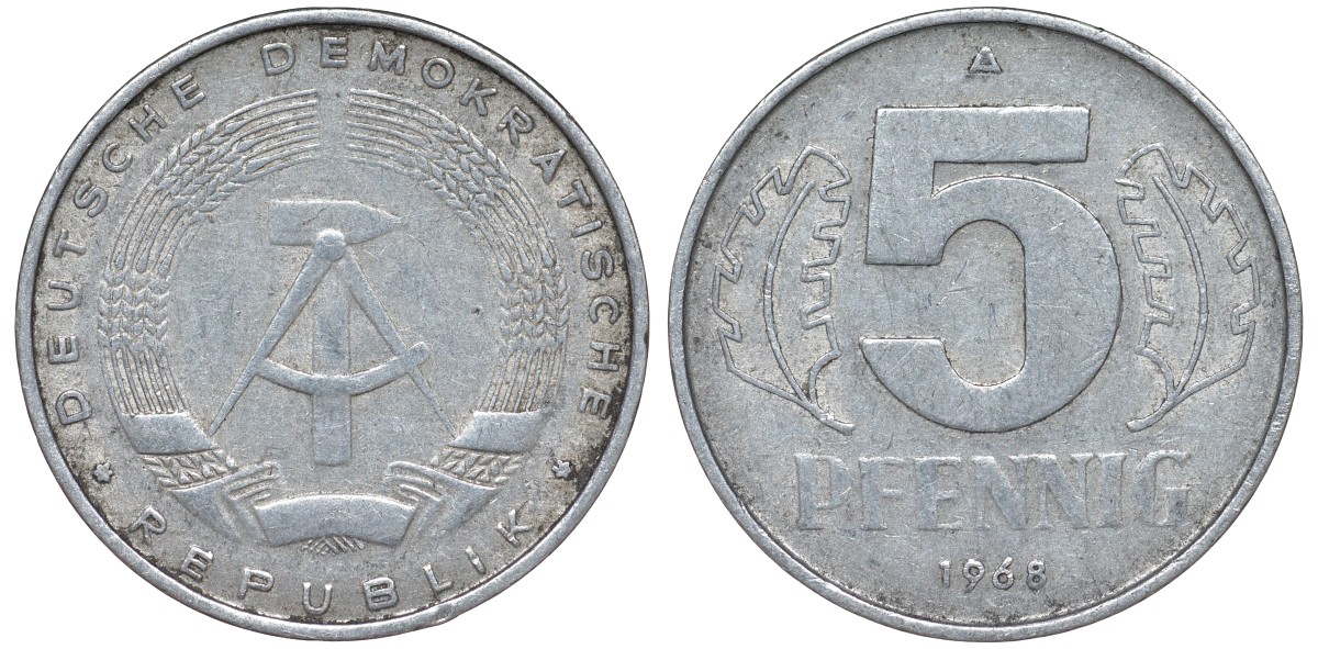 ГДР 5 ПФЕННИГОВ 1968 A KM 9.1 алюминий 62-117