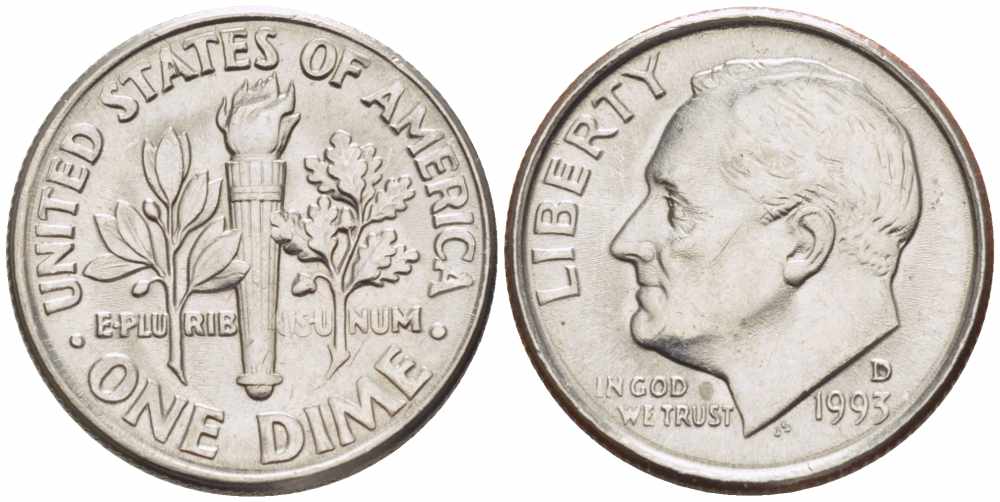 США 10 ЦЕНТОВ = 1 ДАЙМ 1993 D, РУЗВЕЛЬТ KM 195а медь плакированная медно-никелем 105-649