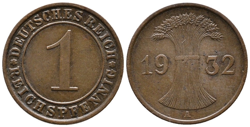 ГЕРМАНИЯ 1 РЕЙХСПФЕННИГ 1932 A KM 37, J. 313 бронза 39-1058