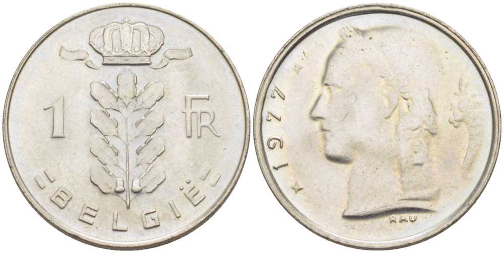 БЕЛЬГИЯ 1 ФРАНК 1977 BELGIE, БОДУЭН I (1951-1993) KM 143.1 медно-никель 3856-746