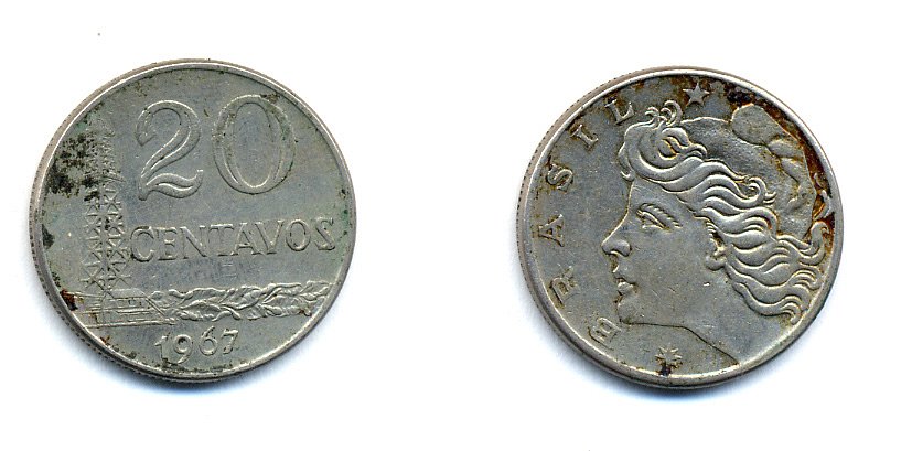 Бразилия 20 сентаво 1967 голова Свободы влево KM 579.1, Schon 84 медно-никель 51-4614