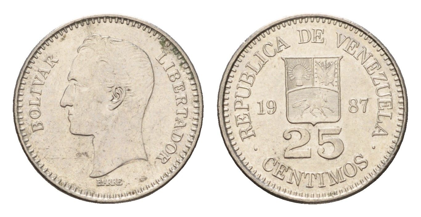 Венесуэла 25 сентимо 1987 Симон Боливар Y 50 никель UNC 4669-611