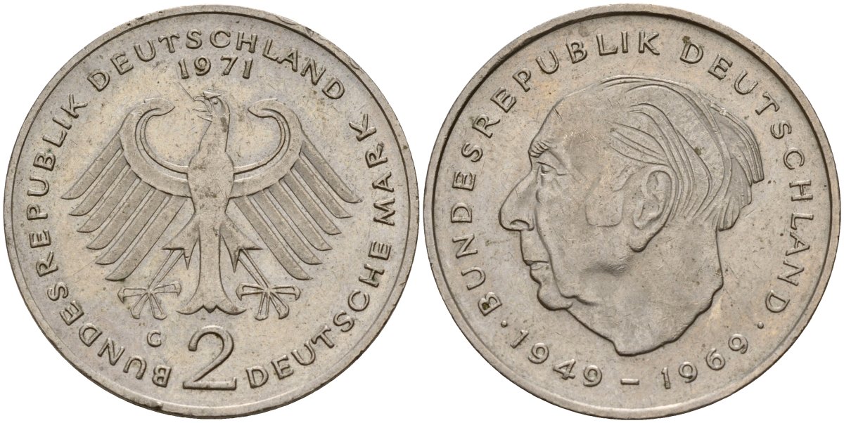 ФРГ 2 марки 1971 G, Конрад Аденауэр KM 124, J. 406 медно-никель 4159-1213