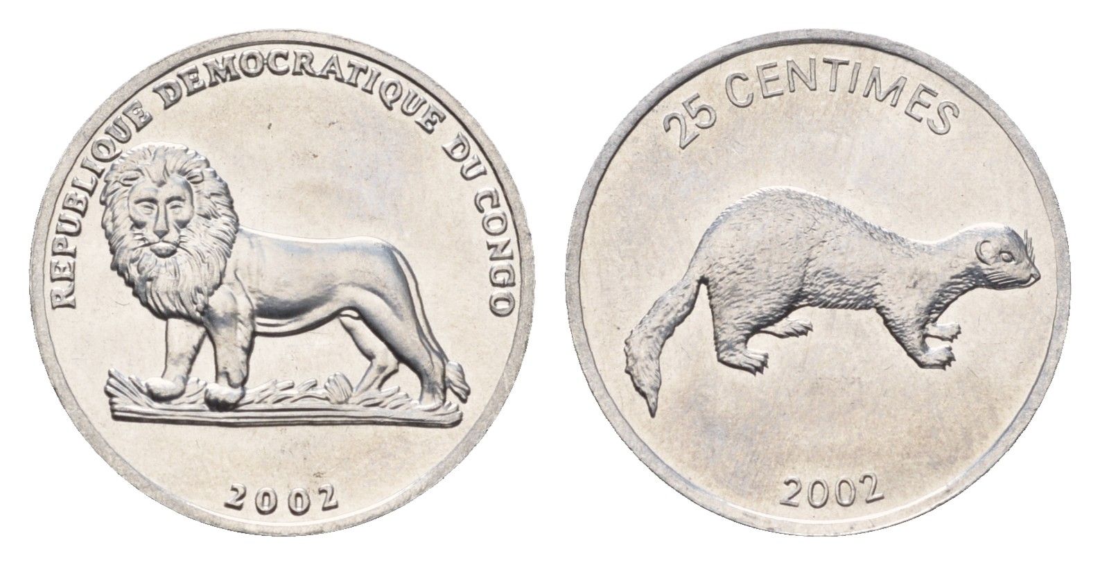 ДР Конго 25 сантимов 2002 Животные - Ласка KM 76 алюминий UNC 4674-1266