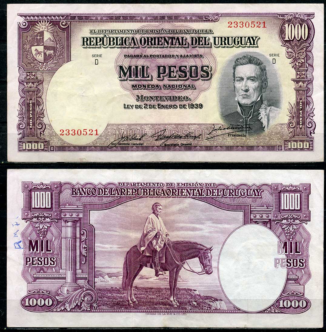 Уругвай 1000 песо 1939 Хосе Хервасио Артигас, генерал на коне, серия D Pick 41 c  бумага  444-136-1-2