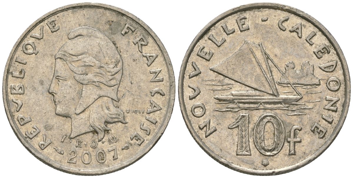 Французская Новая Каледония 10 франков 2007 рыбачья парусная лодка, (IEOM) KM 11a, Schoen 13a, Lec 99k медно-никель 58-1117