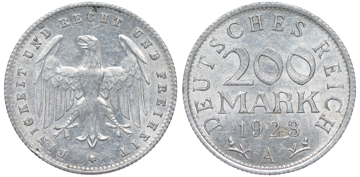 Германия 200 марок 1923 A KM 35, J. 304, Weege 22 алюминий 4604-553