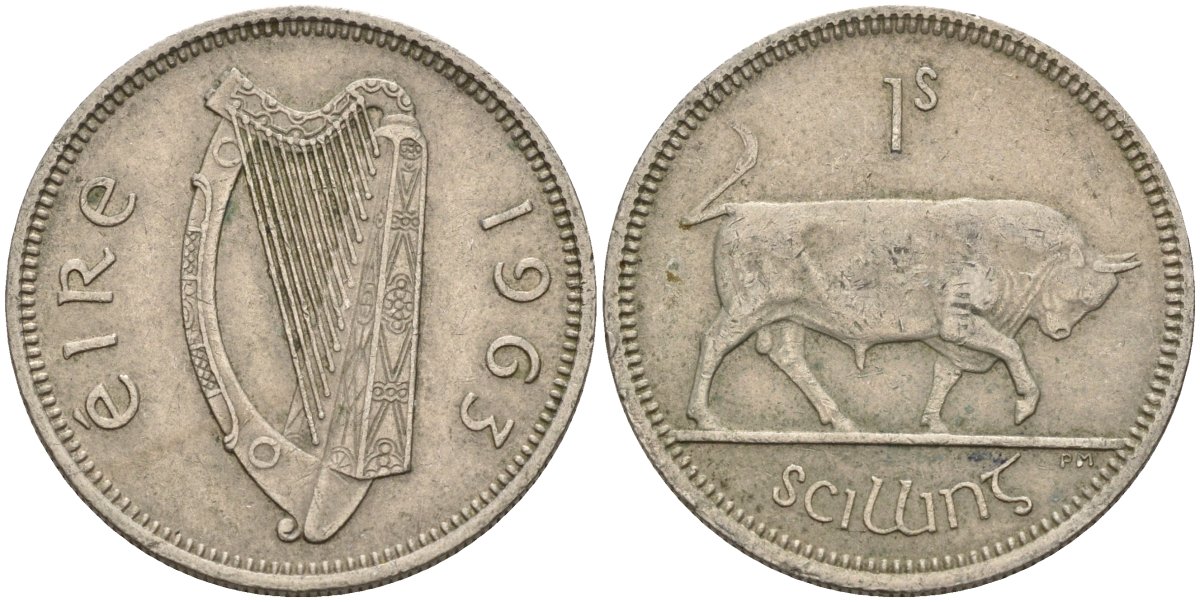 Ирландия 1 шиллинг 1963 бык KM 14a медно-никель 4146-515