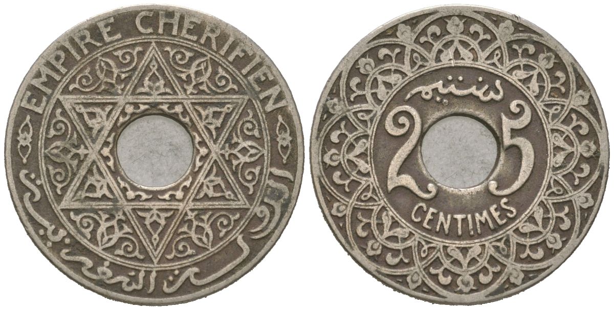 Марокко 25 сантимов 1921 Мулай Юсуф (1912-1927), Французский протекторат Y 34.1 медно-никель 4364-2842