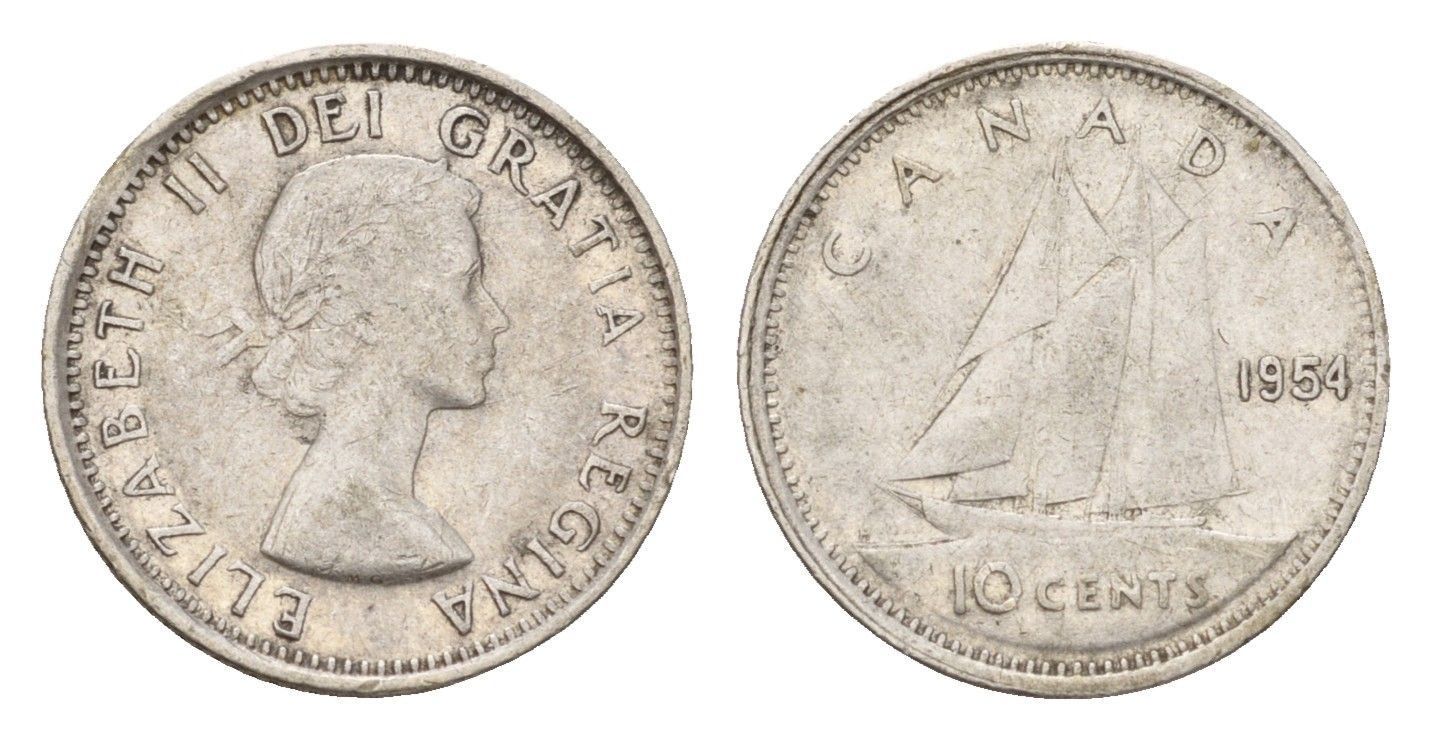 Канада 10 центов 1954 Елизавета II (1952-2022), парусник KM 51 серебро 99-729