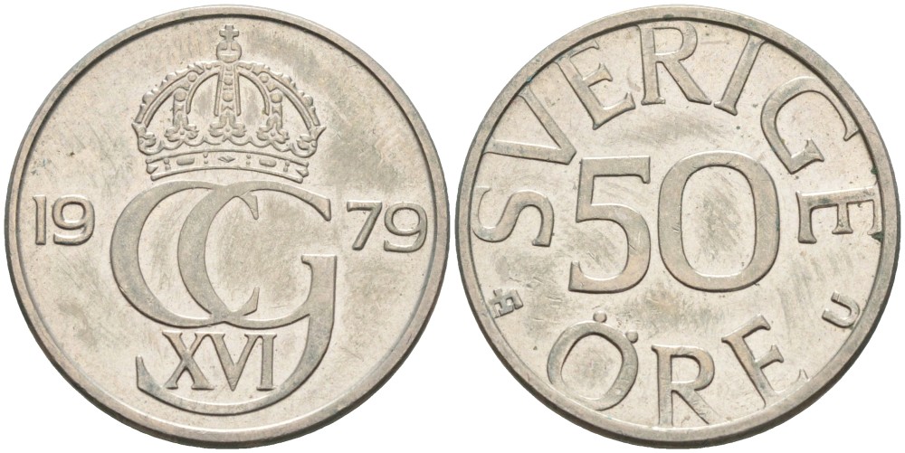 Швеция 50 эре 1979 U, Карл XVI Густав (1973- ) KM 855 медно-никель UNC 4548-623