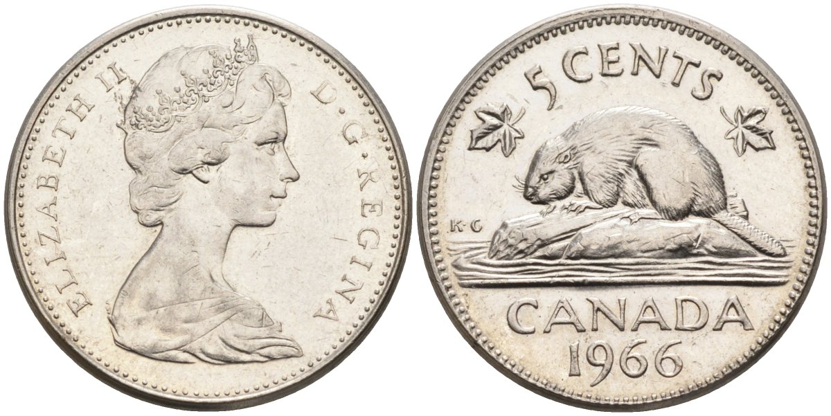 Канада 5 центов 1966 Елизавета II (1952-2022), бобер KM 60.1 никель 4586-637