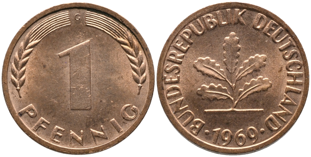 ФРГ 1 пфеннига 1969 G KM 105, J. 380 сталь плакированная медью UNC 99-1256