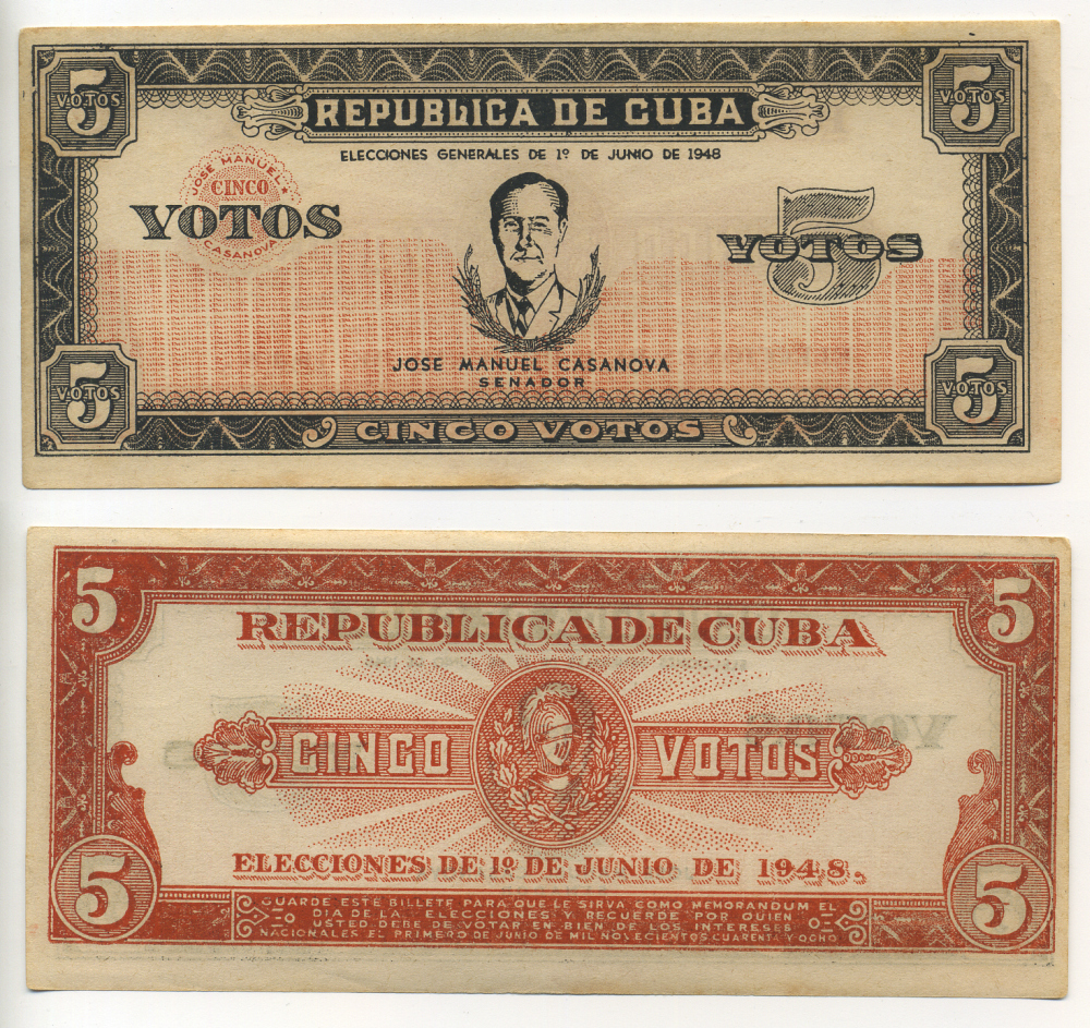 КУБА 5 ВОТОС 1948 НОТГЕЛЬД, СЕНАТОР США ХОСЕ МАНУЭЛЬ КАСАНОВА, ПЕРВЫЕ ПРЕЗИДЕНТСКИЕ ВЫБОРЫ, ПОБЕДА ПРОАМЕРИКАНСКОГО РЕЖИМА САКАРЕСА бумага аUNC 504-93-3