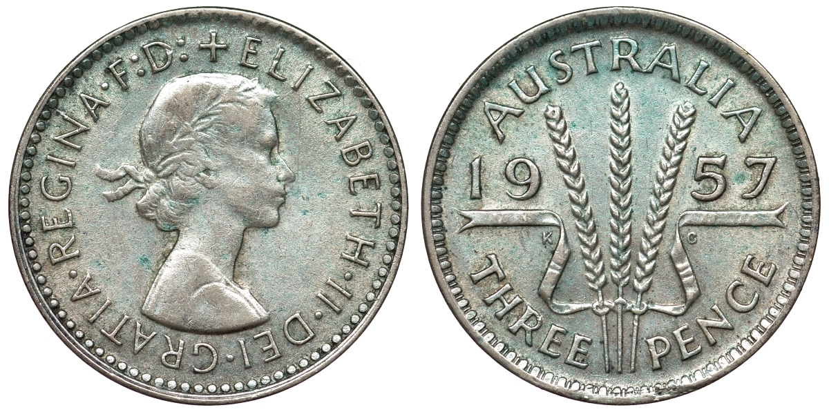 Австралия 3 пенса 1957 m, Елизавета II (1952-2022) KM 57 серебро 71-521