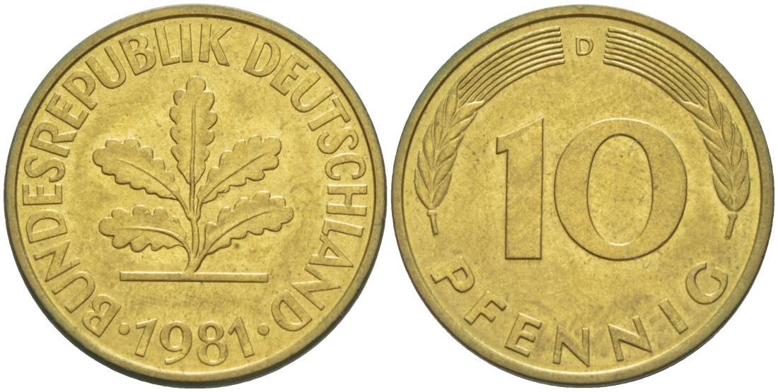 ФРГ 10 ПФЕННИГОВ 1981 D KM 108, J. 383 сталь плакированная латунью 219-535