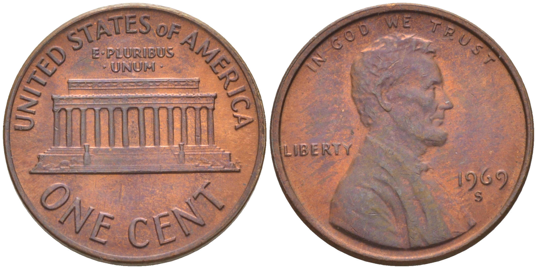 США 1 ЦЕНТ 1969 S, ЛИНКОЛЬН KM 201 медь цинк 187-1156