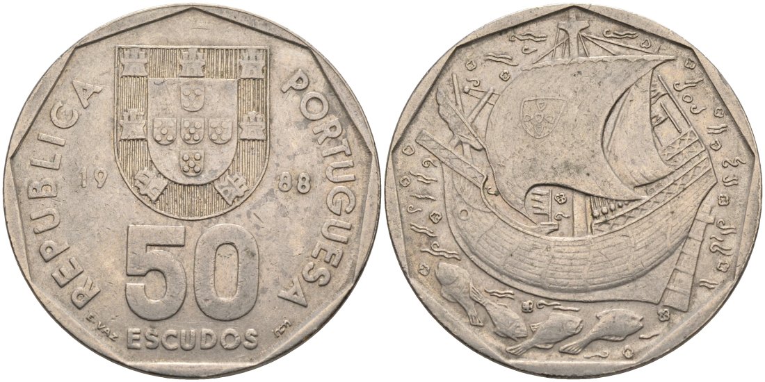 Португалия 50 эскудо 1988 парусник KM 636 медно-никель 4572-522