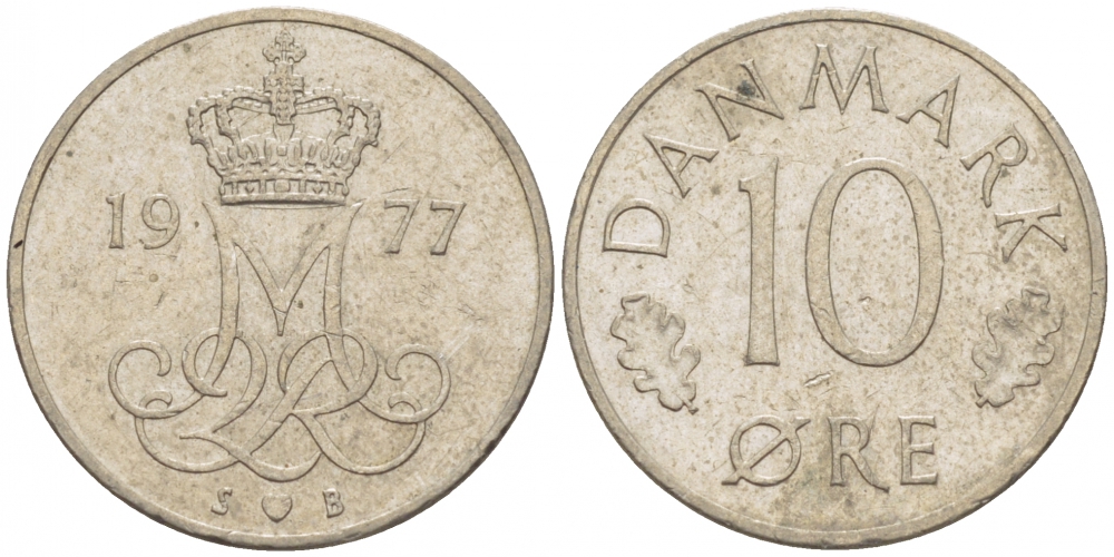 ДАНИЯ 10 ЭРЕ 1977 S; B, МАРГРЕТЕ II (1972-) KM 860.1 медно-никель 3309-163