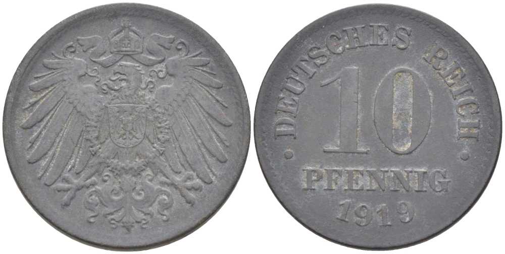 ГЕРМАНИЯ 10 ПФЕННИНГОВ 1919 KM 26, J.299, Weege 8 цинк 202-214
