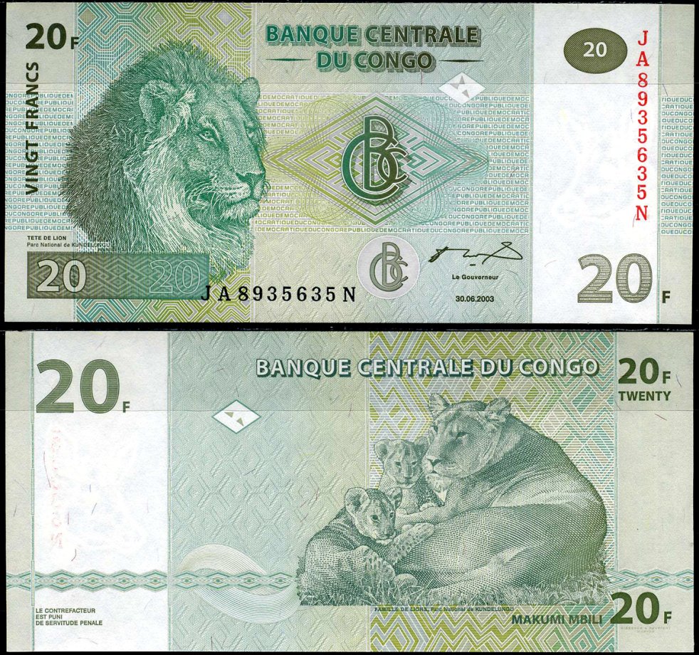 ДР Конго 20 франков 2003 львы Pick 94 a бумага UNC (пресс) 7183-40-2-1