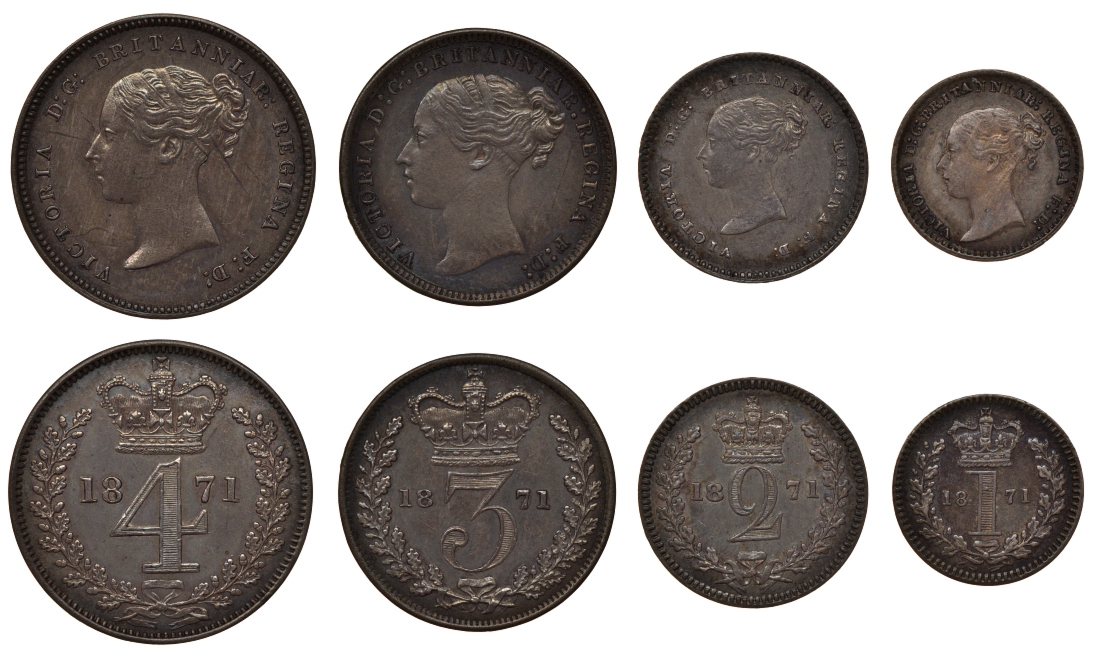 Великобритания набор из 4 монет 1871 Виктория (1837-1901), 1, 2, 3, 4 пенса, Манди сет KM MDS 123, Spink 3916 UNC серебро 00-000