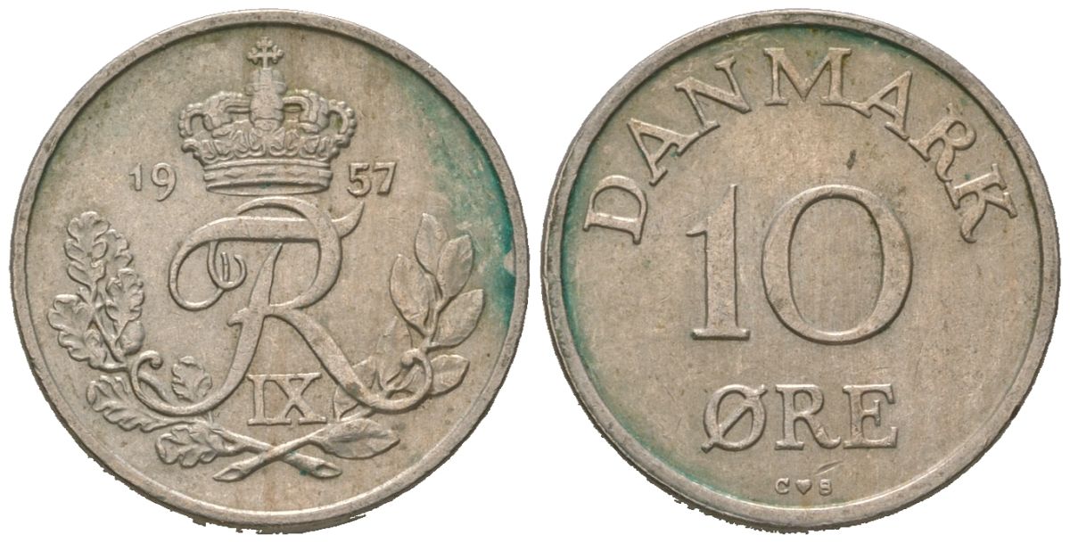 Дания 10 эре 1957 KM 841 медно-никель 4621-361