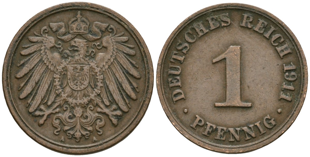Германия 1 пфенниг 1911 A, Вильгельм II (1888-1918) KM 10, J. 10 медь 4608-118