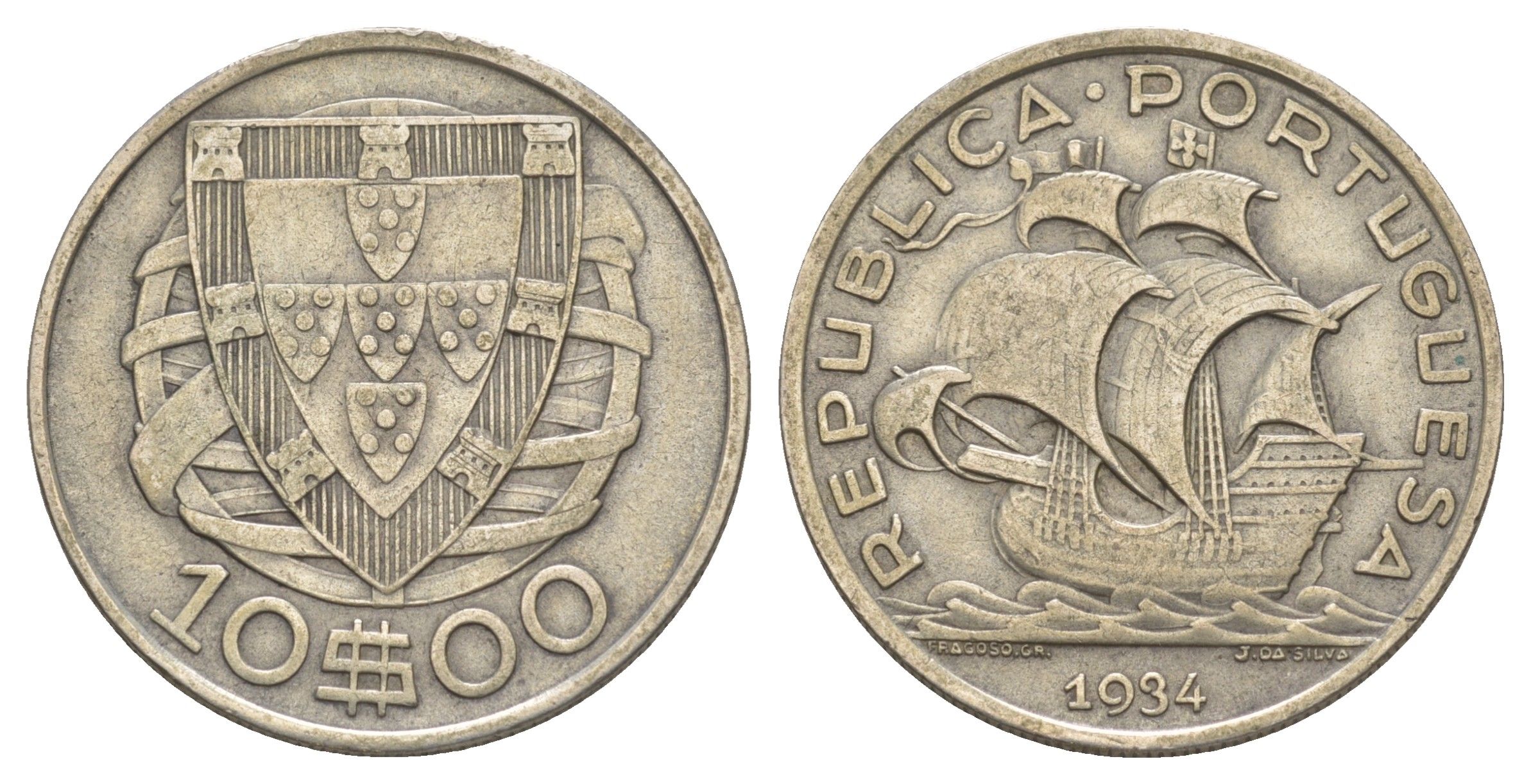 Португалия 10 эскудо 1934 редкий год KM 582 серебро 603-531